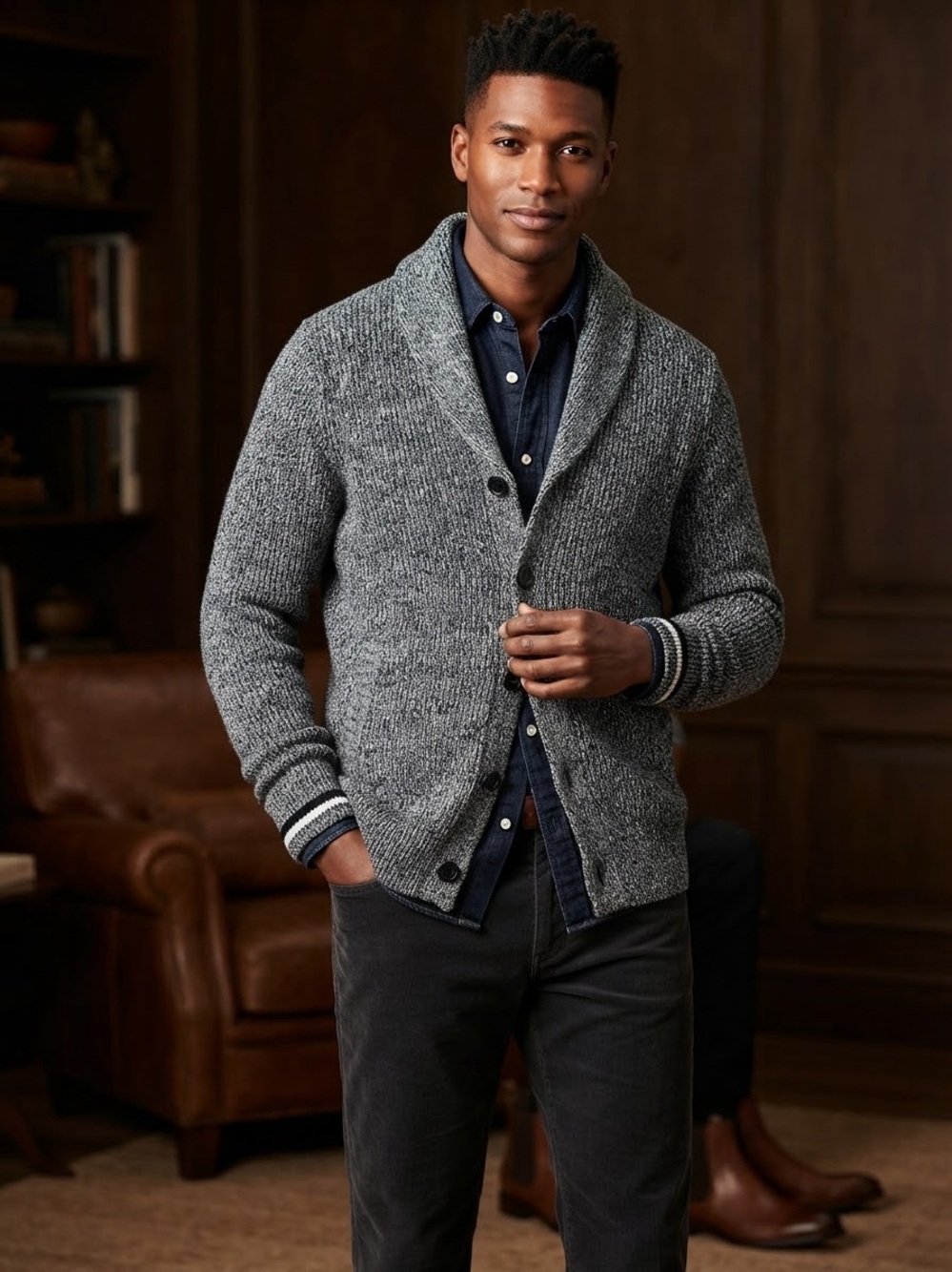 Banana Republic Gray Shawl Collar Button-Front Cardigan